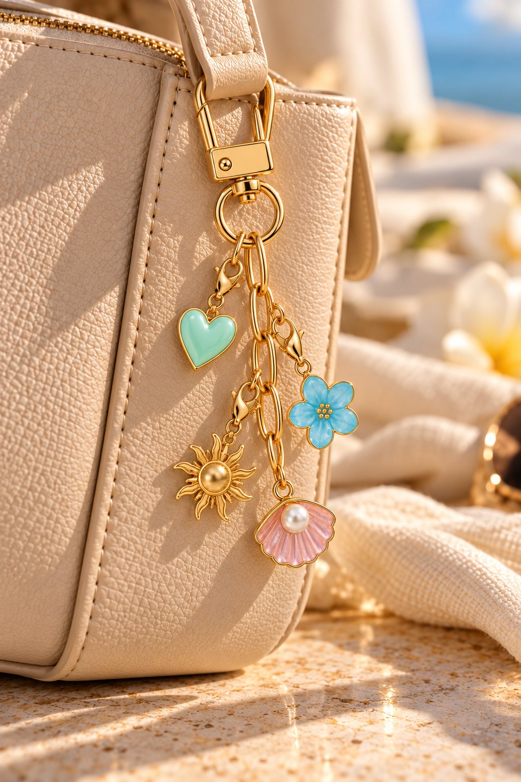 The gold Oaiscents Signature Keychain clipped to a cream handbag, holding four charms: a mint-green heart, a blue flower, a gold sun and a pink seashell with a pearl