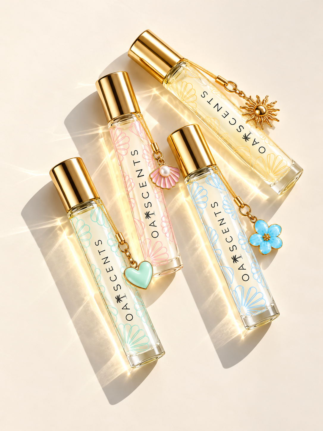 The four Oaiscents signature roll-on perfume oils — Golden Hour, Sea Glass, Sky Bloom and Velvet Coast — each wearing its gold charm, laid on sunlit cream